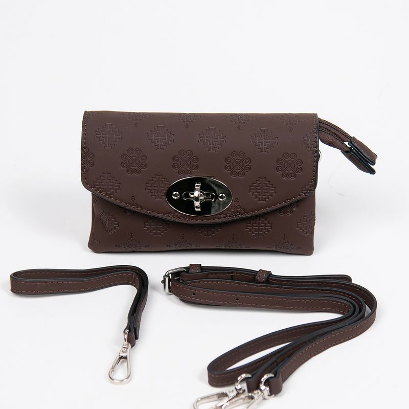 DANIELLE clutch med preget mønster brun sølvfarget metall